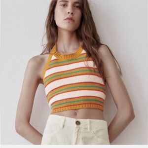 Zara Women’s M‎ Knit Cropped Halter Open Back Top Stripe Back tie Casual